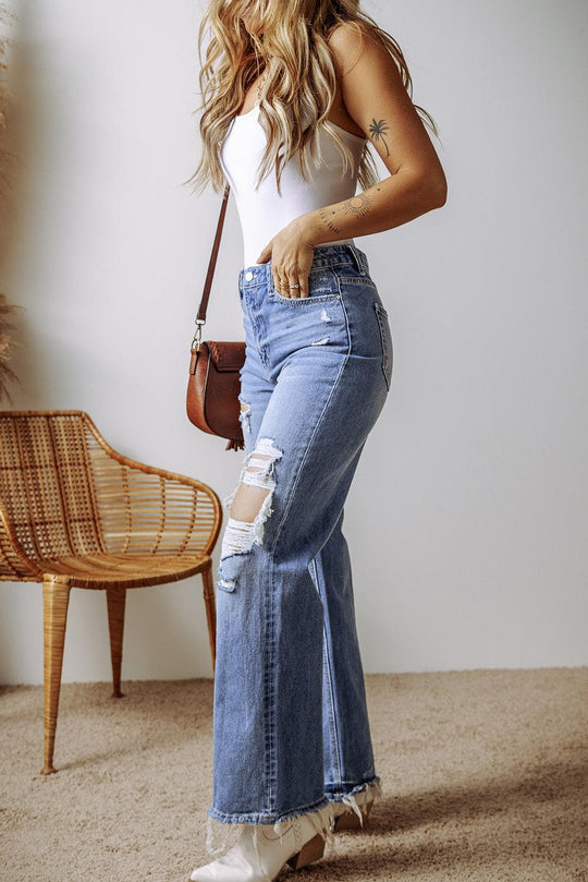 Distressed Destroyed Straight Leg High Waist Denim