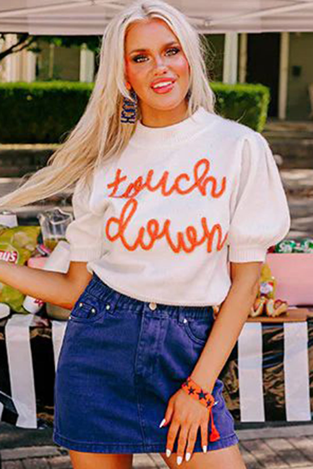 White "Touchdown" Tinsel Puff Short Sleeve Sweater