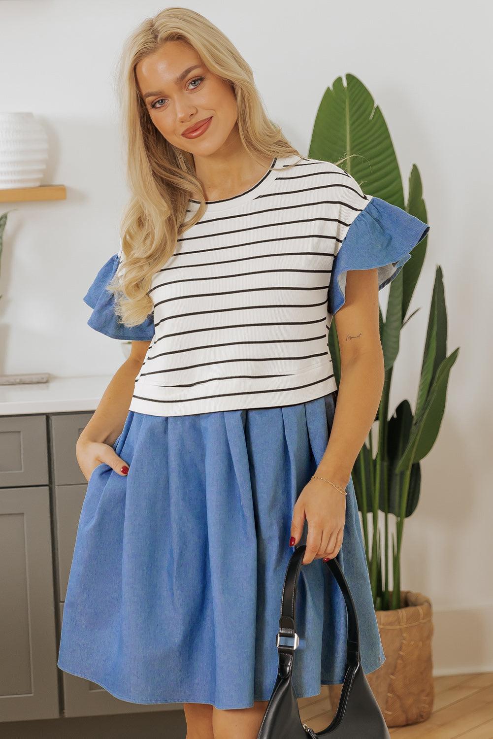 Denim Stripe Ruffle Mini Dress