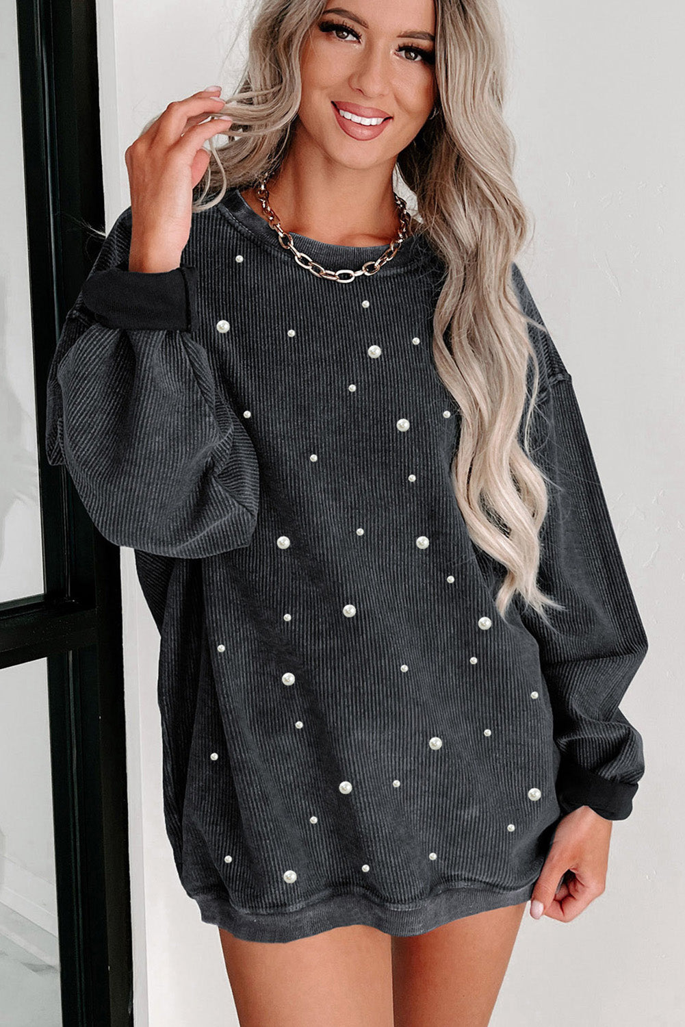 Beaded Pearl Corduroy Sweatshirt