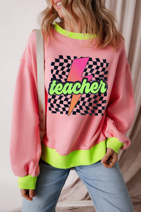 Retro Pink "Teacher" Lightning Checkered Sweatshirt