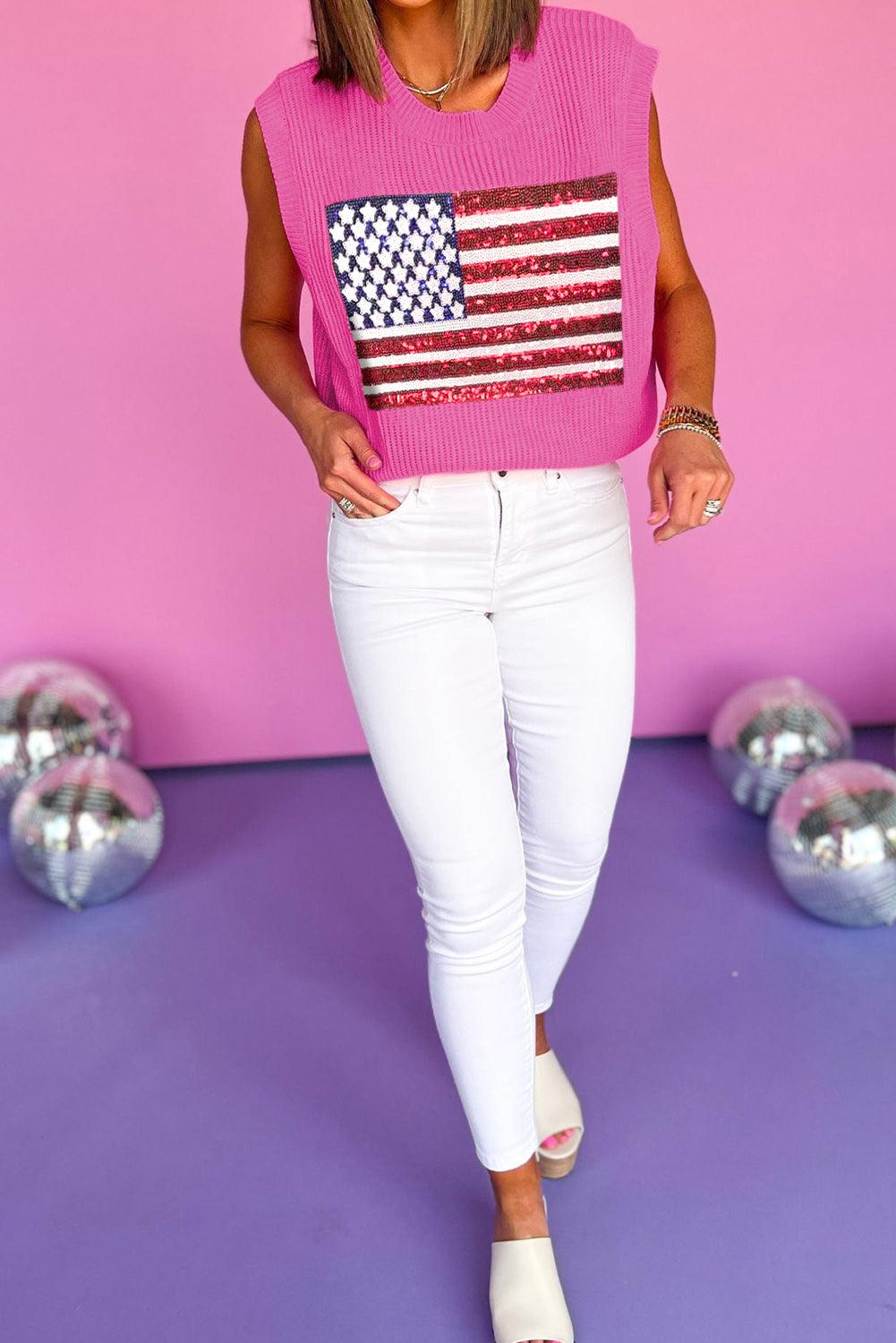 Sparkling Sequin American Flag Knitted Vest