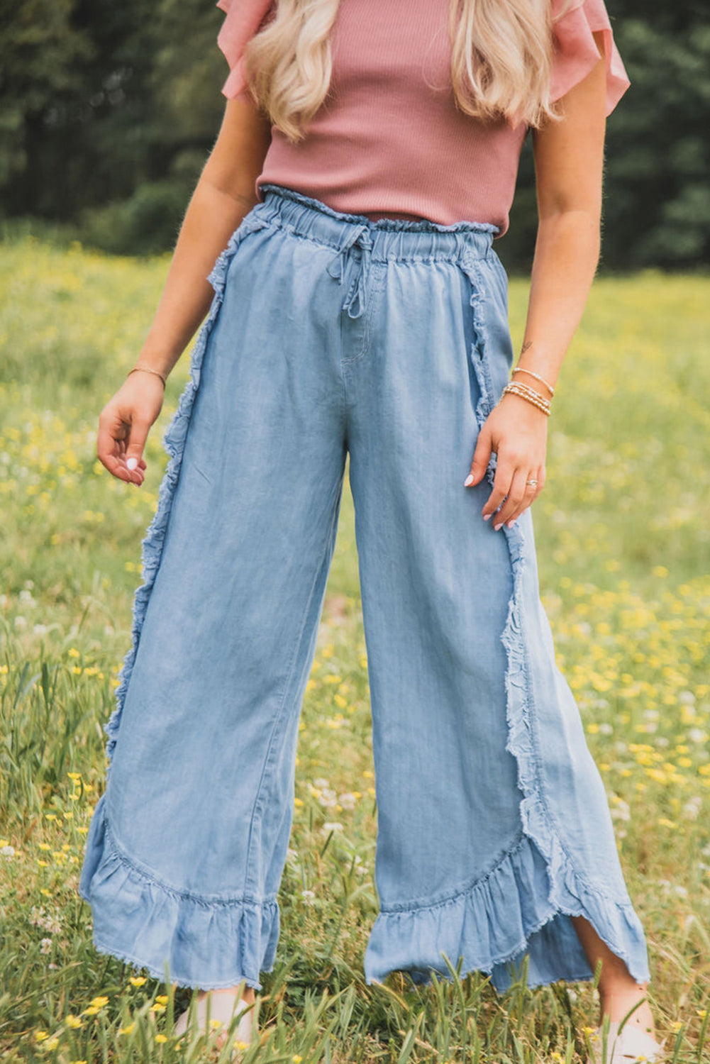  Ruffled Wide Leg Denim Jeans