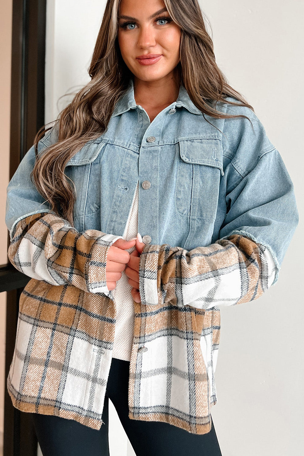 Oversized Denim Khaki Plaid Jacket