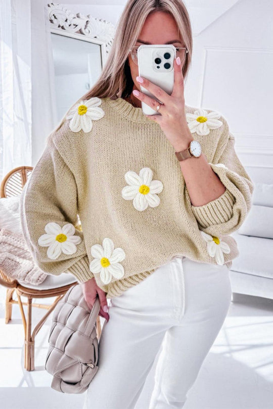 White Floral Crochet Chunky Knit Sweater