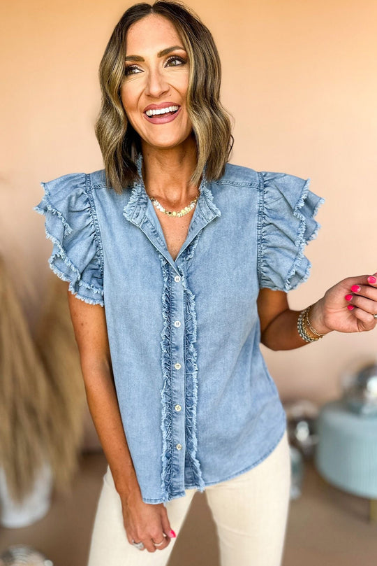 Denim Ruffled Flutter Frayed Denim Blouse