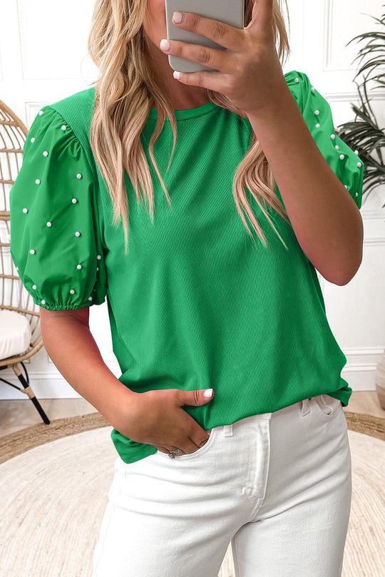 Beaded Pearl Puff Sleeve Blouse