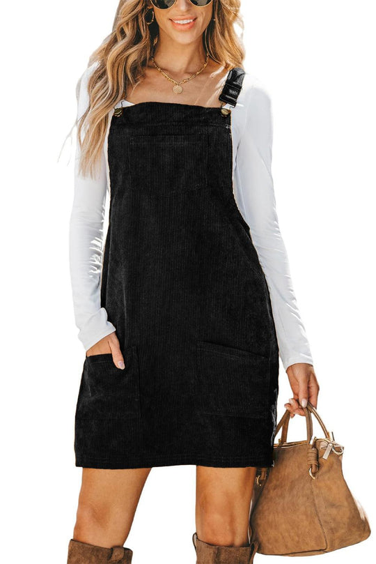 Cinnamon Solid Front Pockets Sleeveless Corduroy Overall Dress