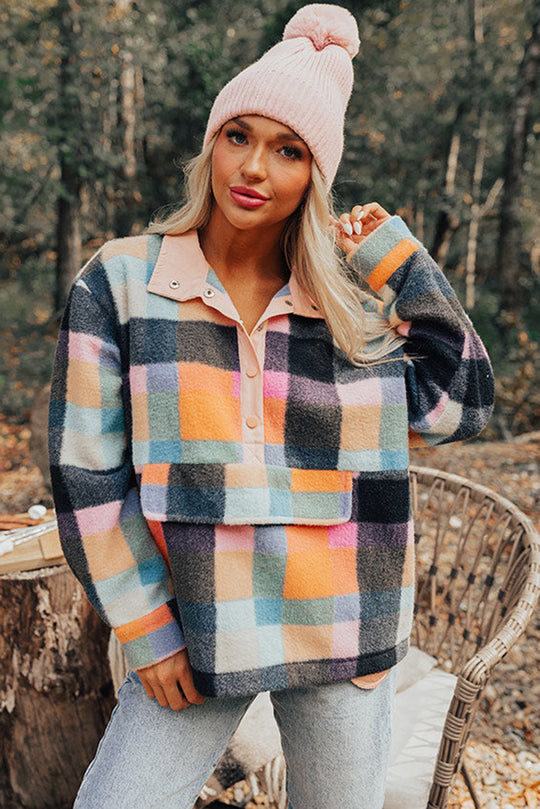 Plaid Multicolor Half Button Sweatshirt