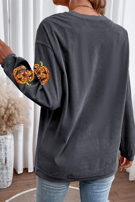 Halloween Bougie Sequined Pumpkin Corduroy Baggy Sweatshirt