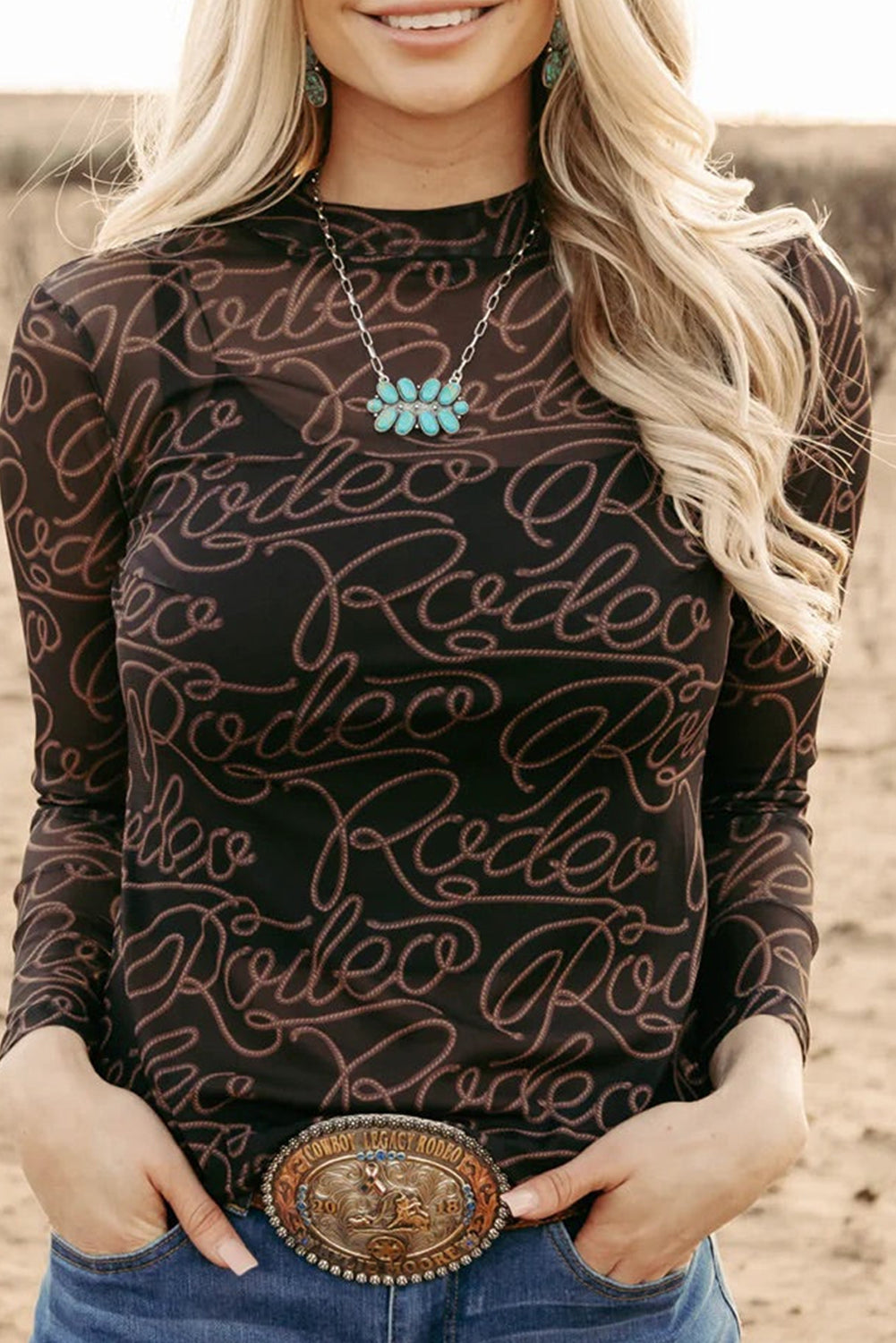 Western Rodeo Black Long Sleeve Mesh Top