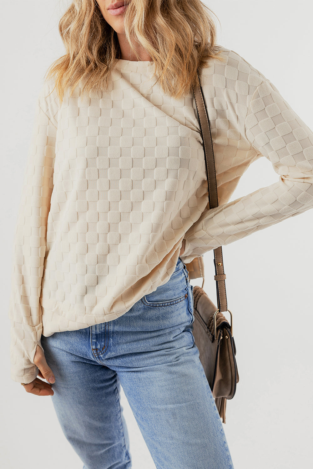 Beige Solid Textured Thumbhole Sleeve Top - Klazzi Fashion Boutique