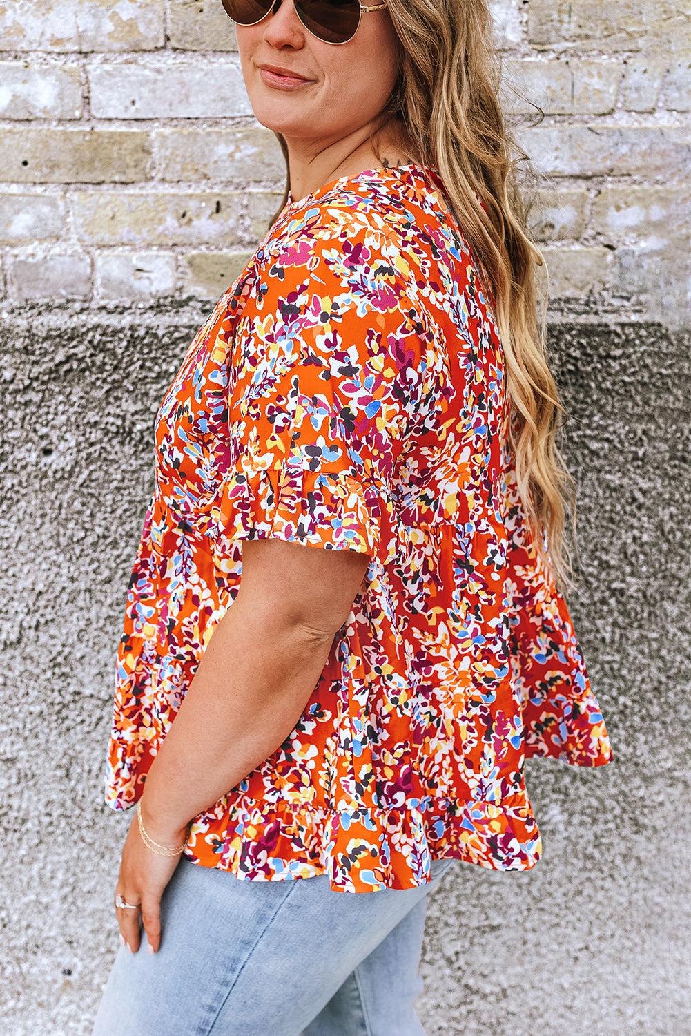 Orange Ruffled Floral Babydoll Blouse