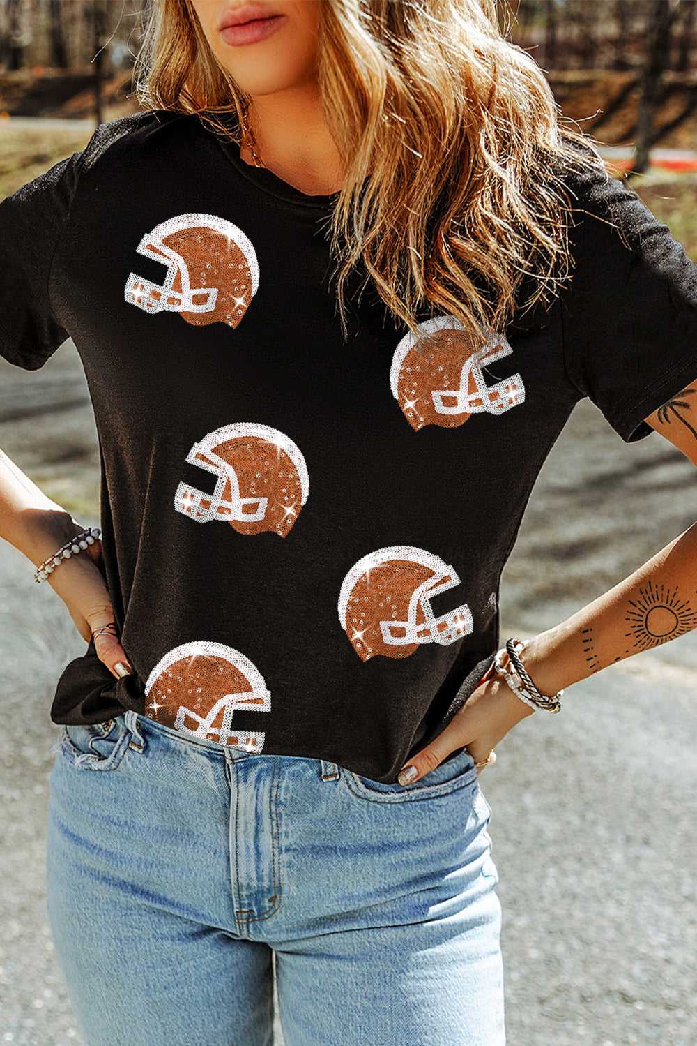 Sequin Football Helmet Graphic T Shirt