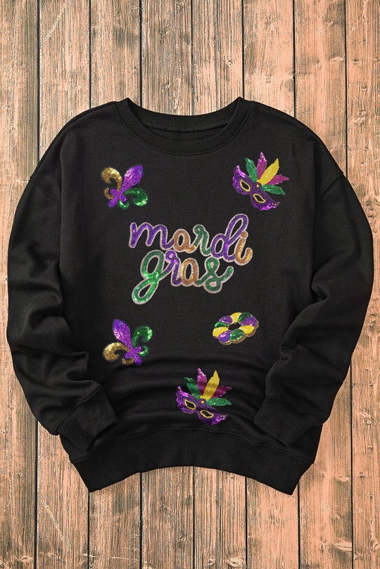 Black Sequin Mardi Gras Graphic Sweatshirt