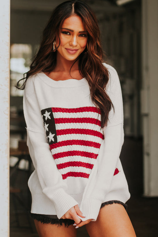 American Flag Knit Drop Shoulder Sweater