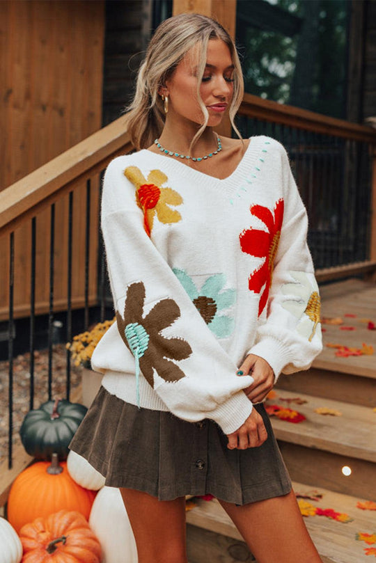 Coffee Big Flower Pattern V Neck Drop Shoulder Sweater