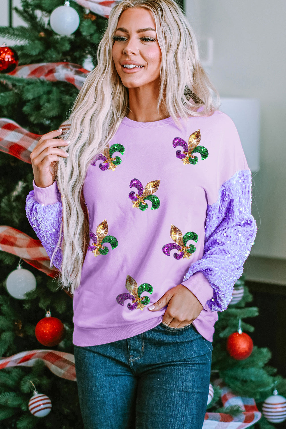 Lilac Mardi Gras Sequin Sweater