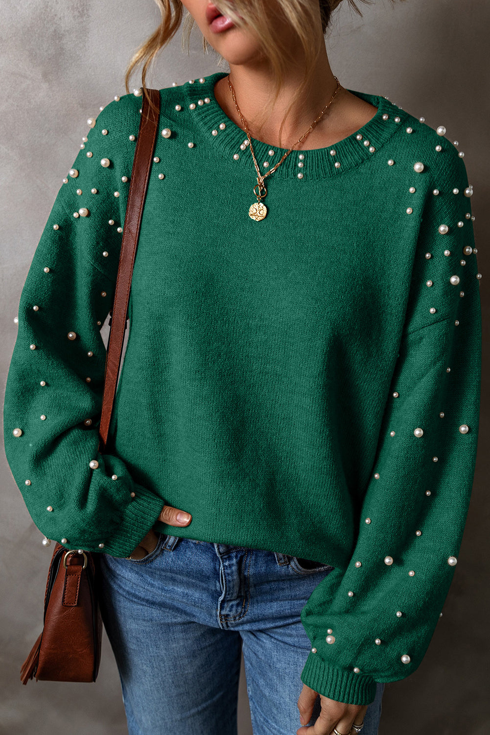 Pearled Holiday Evergreen Drop Sweater