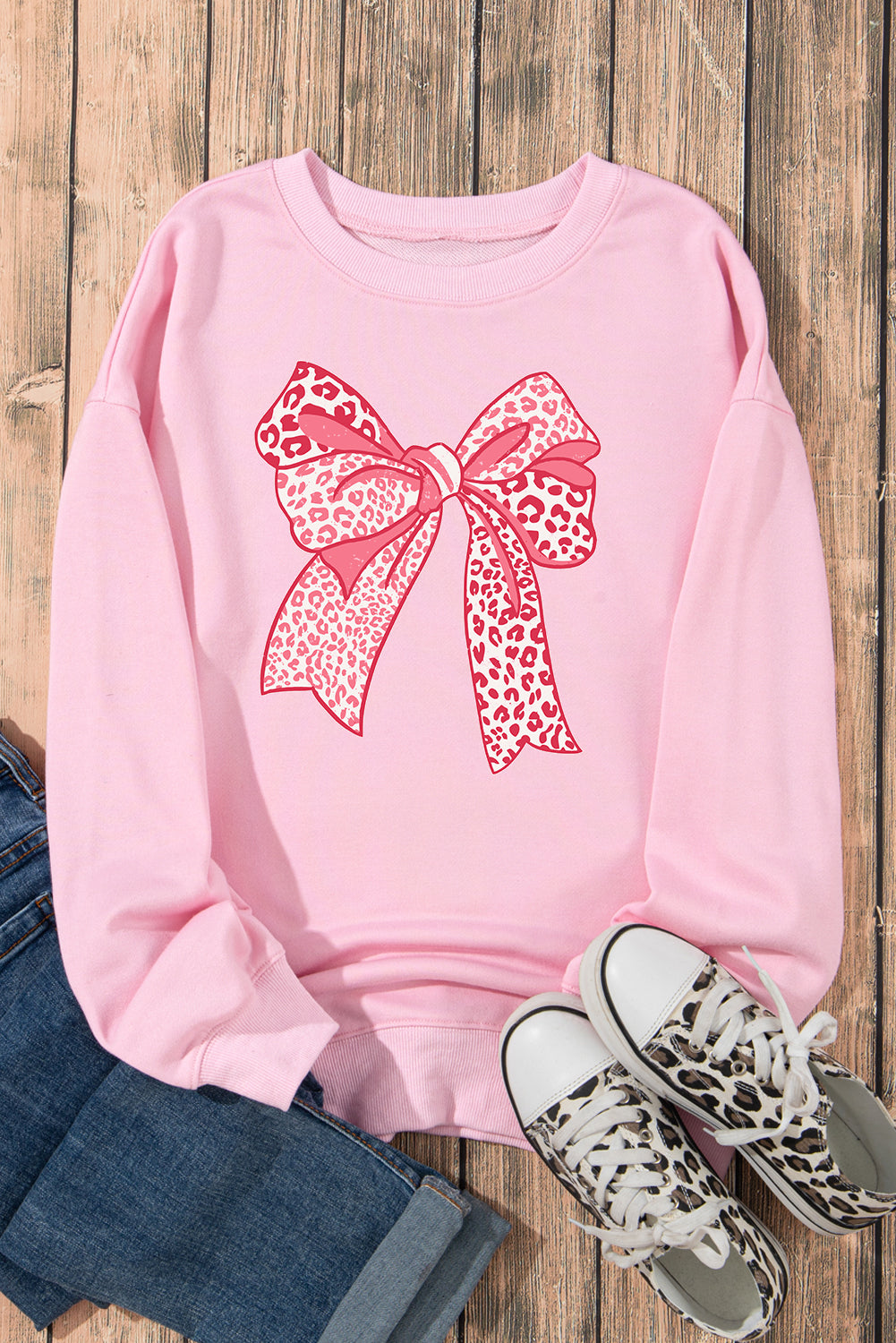 Pink and Red Leopard Bowknot Sweatshirt