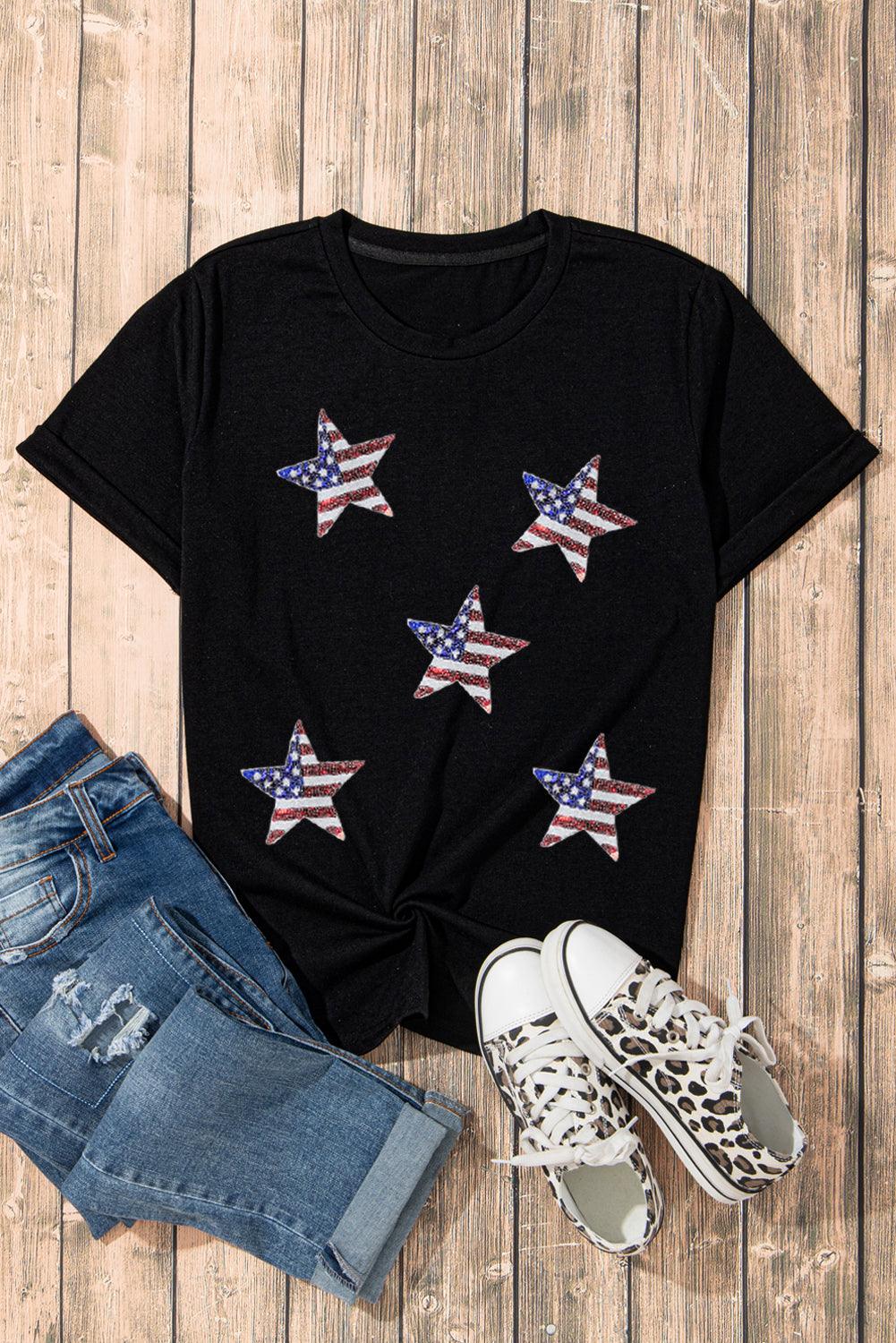 White Sequined American Flag Star Graphic T Shirt