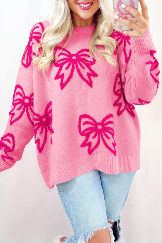 Pink Bow Pattern Loose Sweater