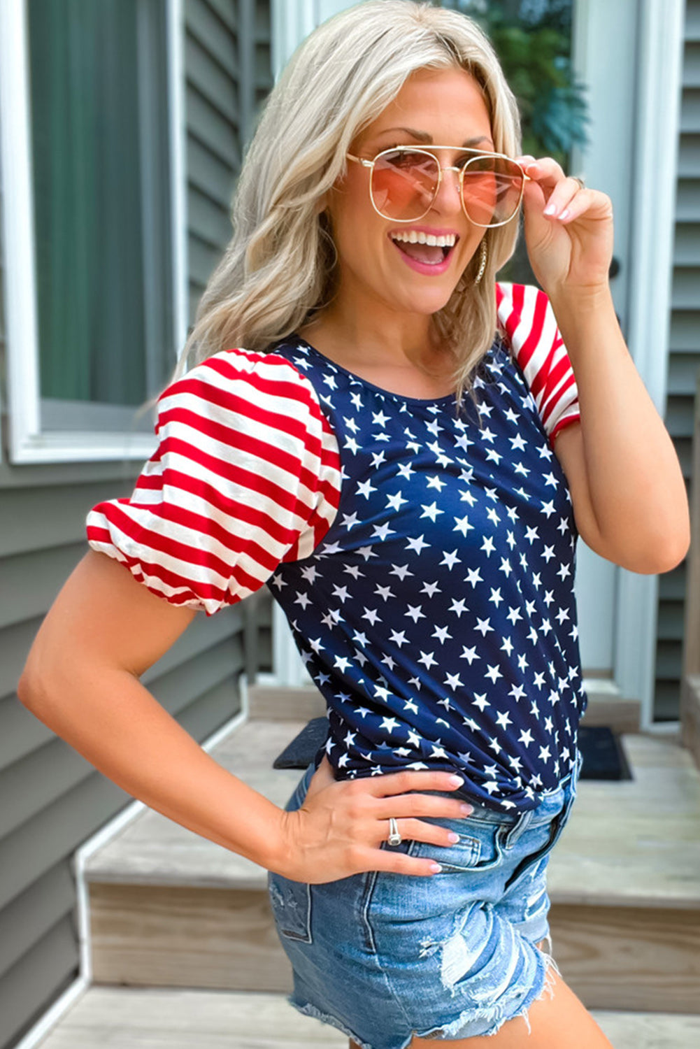 Navy 4th Of July Stars Stripes Blouse