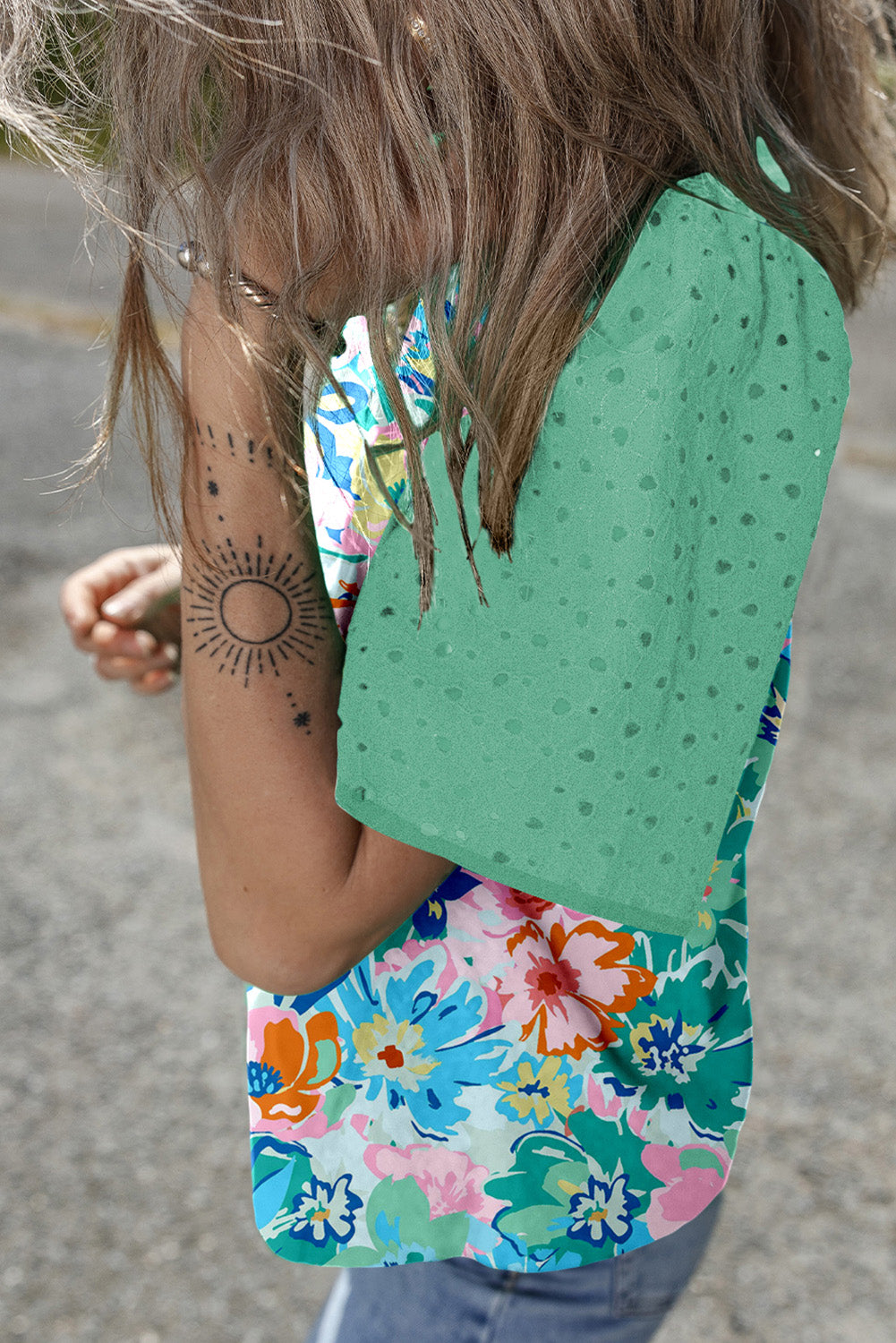 Green Floral Eyelet Embroidered Top