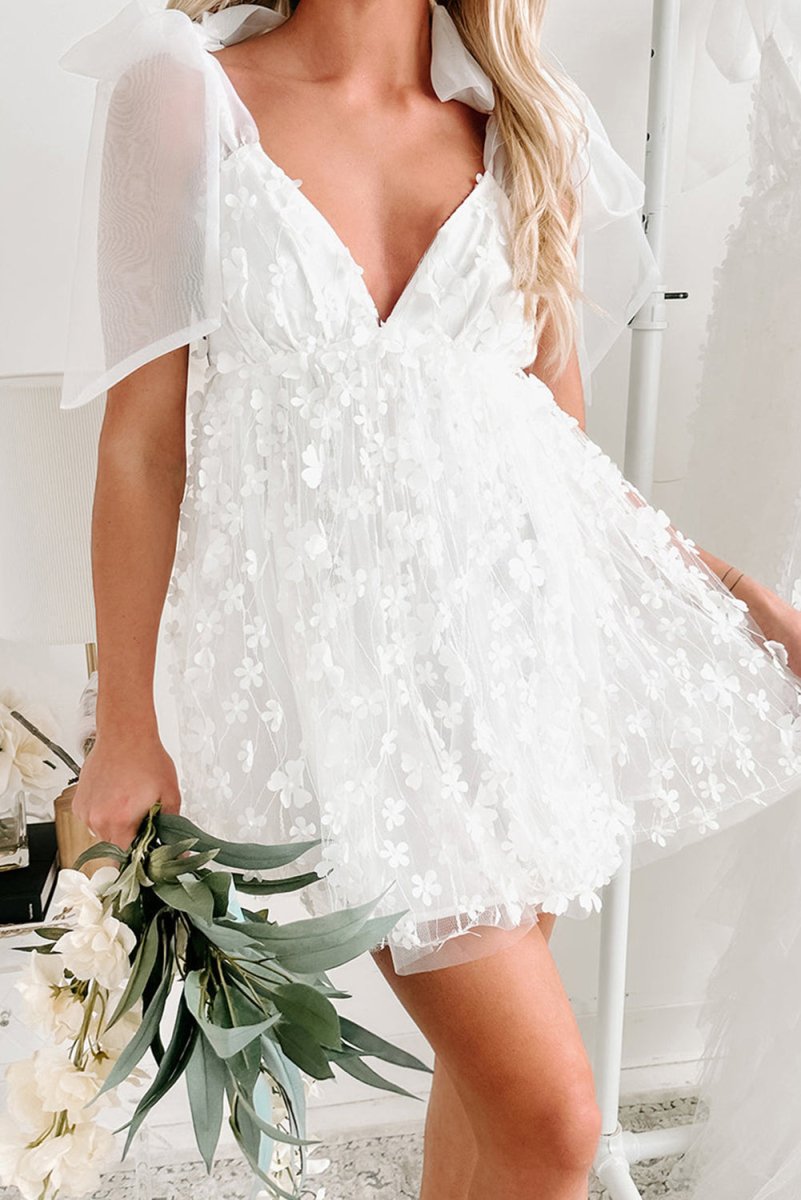 Elegant White Flower Applique Puffy Dress - Klazzi Fashion Boutique