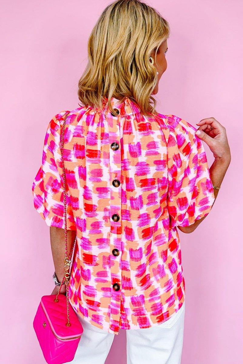 Elizabeth Ruffled Pink Abstract Blouse - Klazzi Fashion Boutique