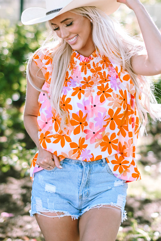  Ruffled Orange and Pink Floral Top