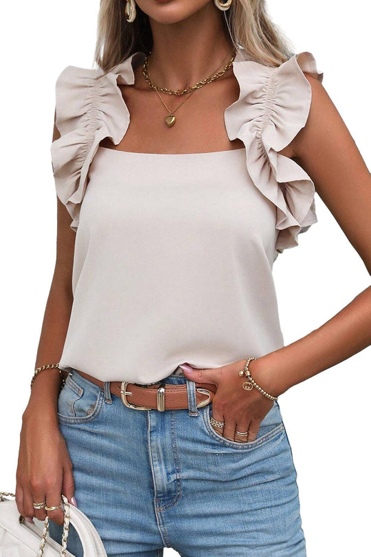  Ruffle Solid Beige Sleeveless Top