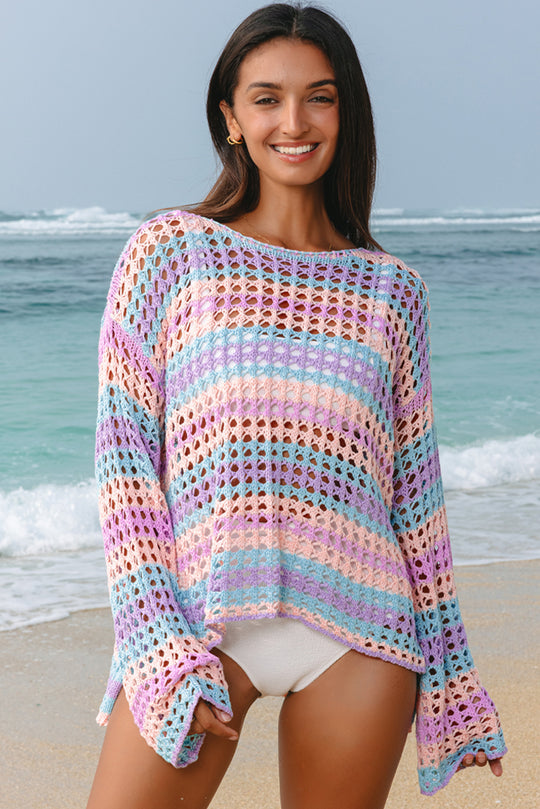 Purple Sweater Stripe Open Knit Cover Up