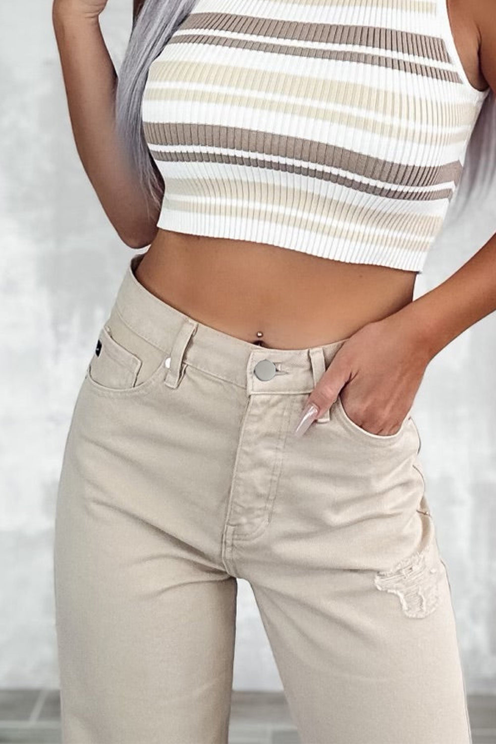 Khaki High Waist Ripped Denim