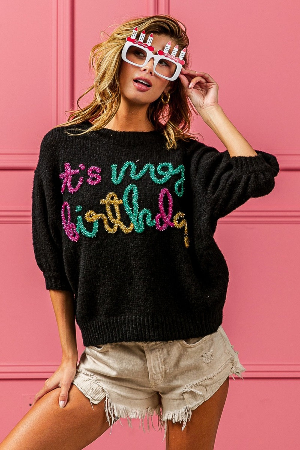 Metallic "It's My Birthday" Puff Sweater