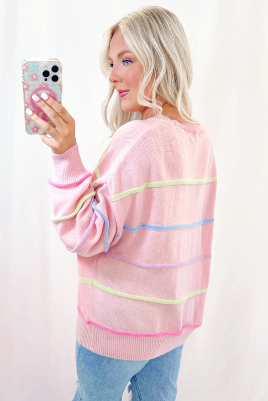 Pink Rainbow Stripes Baggy Henley Sweater