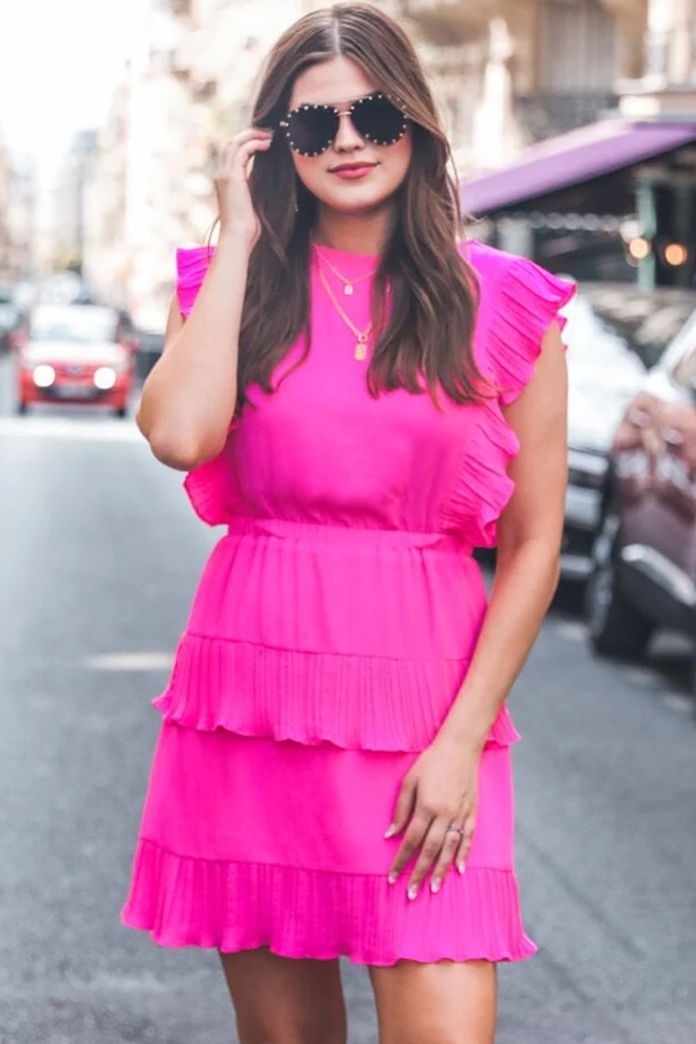 Kendall Pleated Bright Pink Layered Flutter Mini Dress