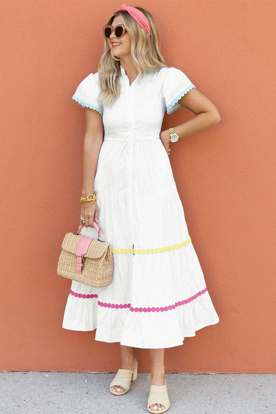 White Rickrack Multicolor Trim Drawstring Long Dress