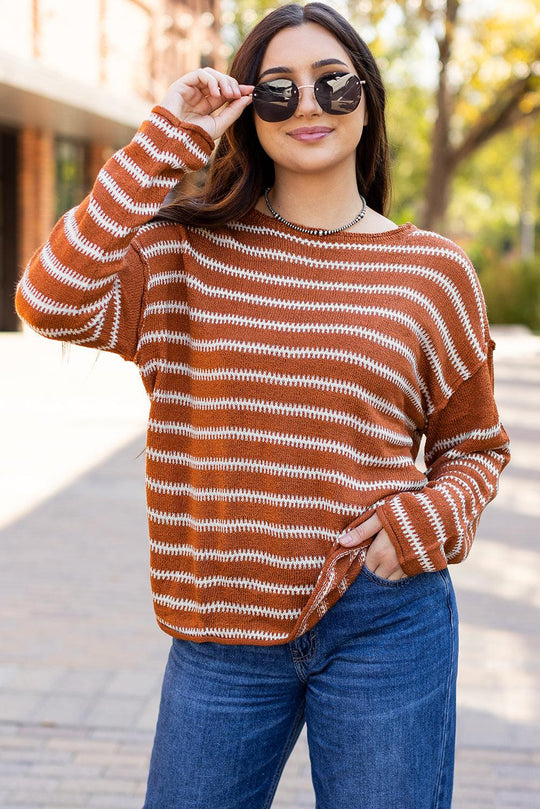 Sky Blue Stripe Drop Shoulder Casual Sweater