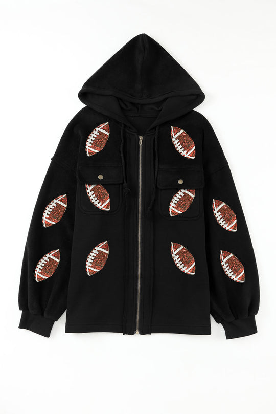 Black Zipper Sequin Football Hooded Jacket