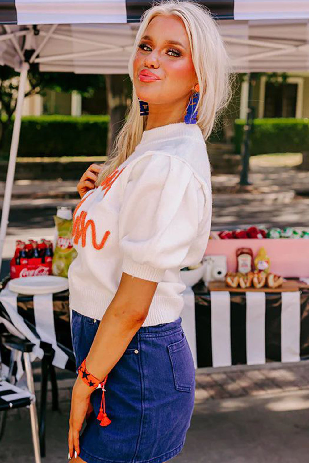 White "Touchdown" Tinsel Puff Short Sleeve Sweater