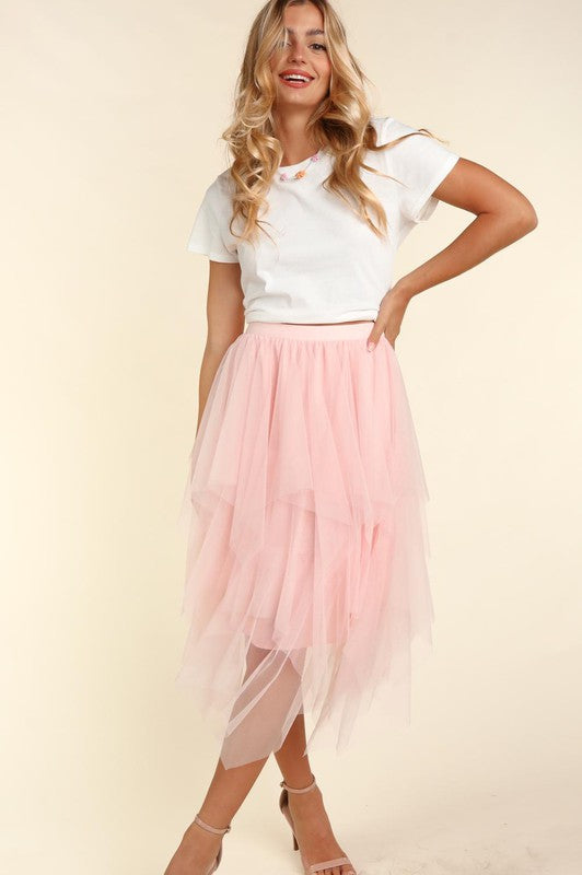 BLUSH TULLE TIERED MIDI SKIRT 