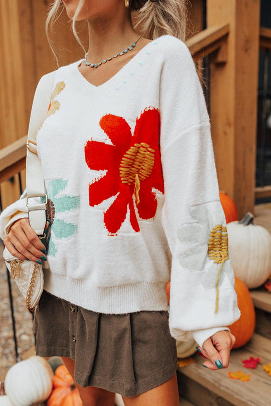 Coffee Big Flower Pattern V Neck Drop Shoulder Sweater