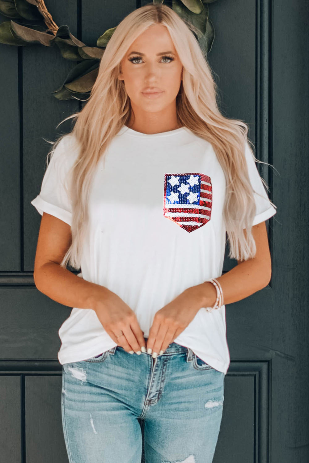 White Sequins American Flag T Shirt