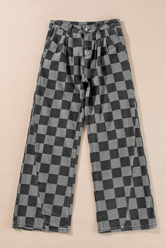  Checkered Denim Wide Leg Denim