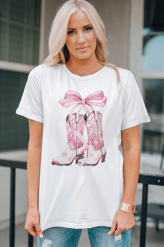 White Western Boots Pink Bow T Shirt