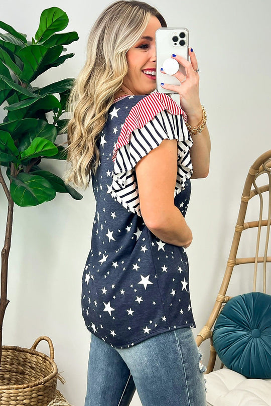 Gray Striped Ruffled Sleeve Star T Shirt