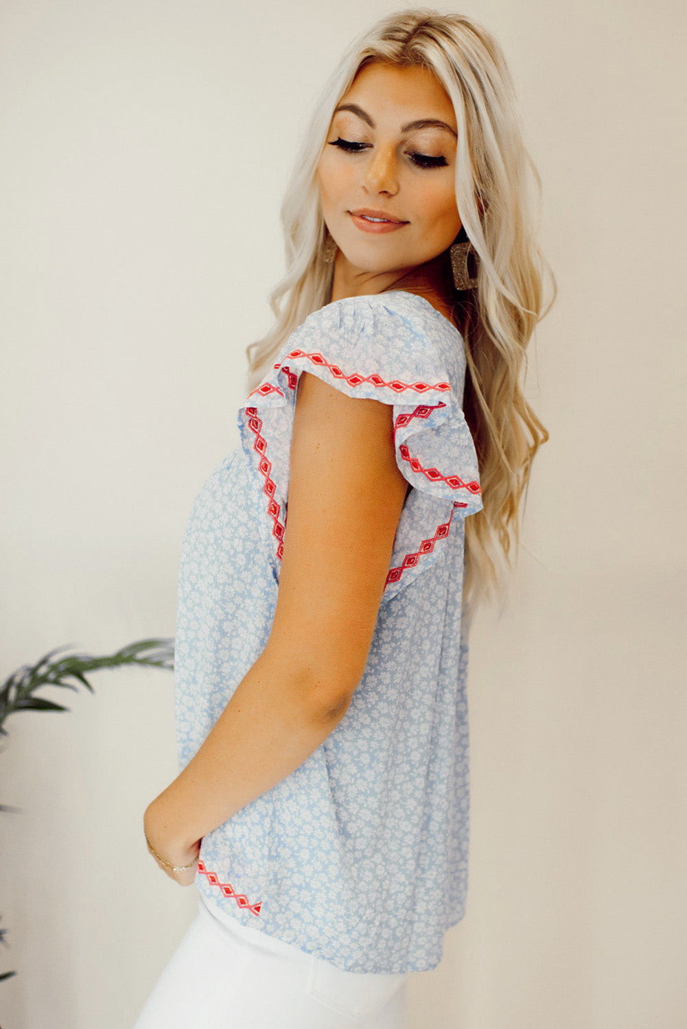 Boho Baby Blue Embroidered Floral Blouse