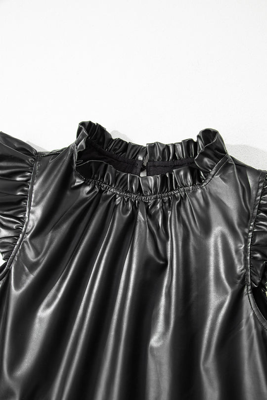 Ruffled Black Pleather Blouse