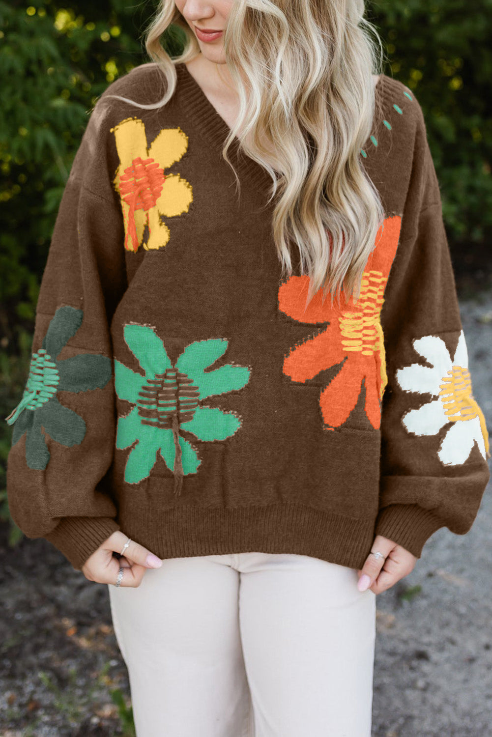 Sally Bold Flower s Coffee Sweater